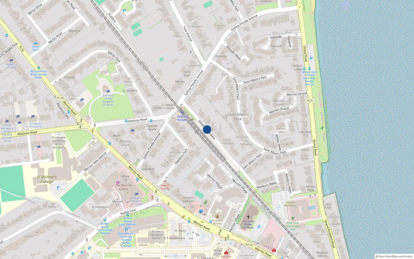 Overhead map showing the location of 2 Ailesbury Gardens, Ballsbridge
