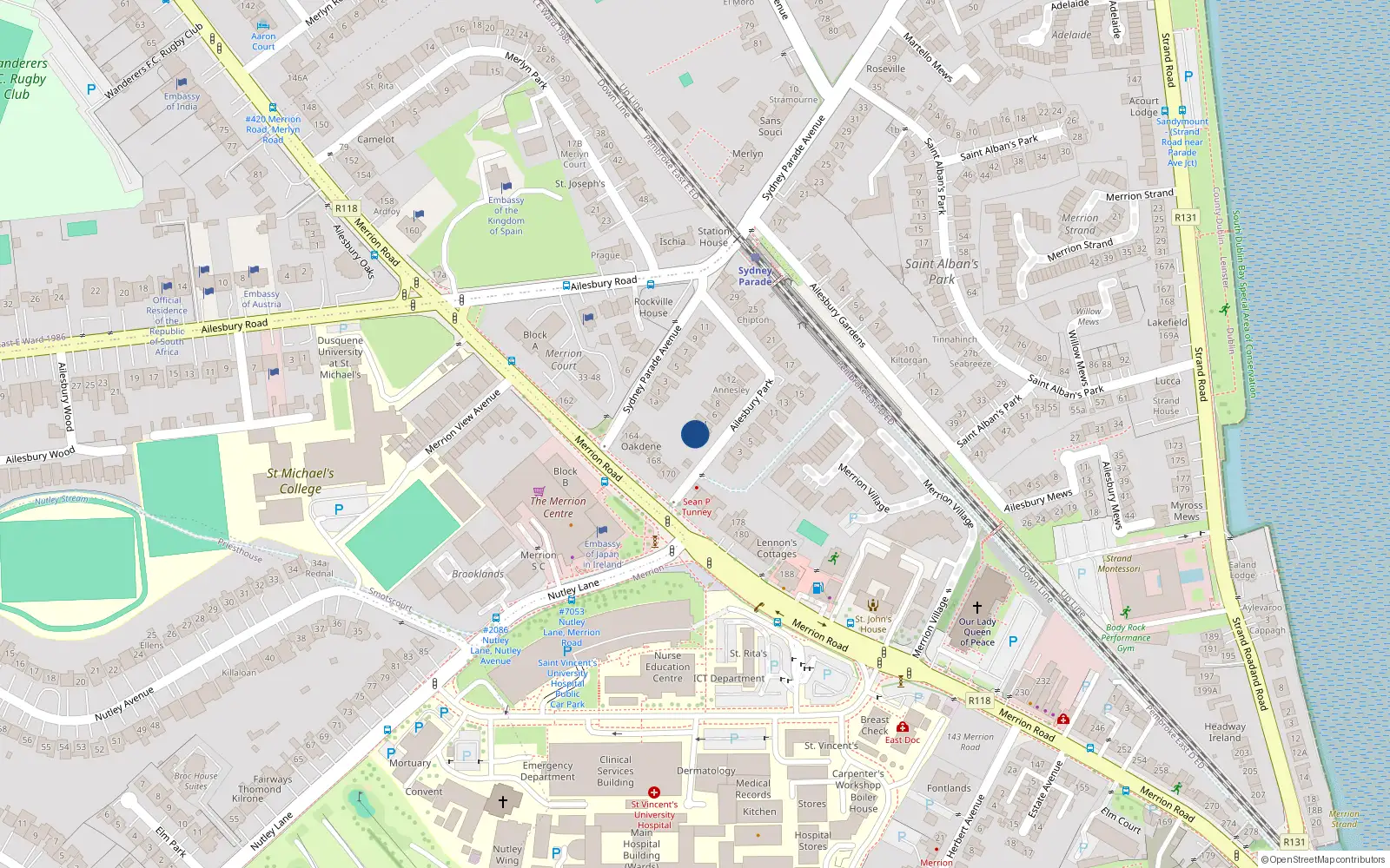 Overhead map showing the location of 2 Ailesbury Park, Merrion