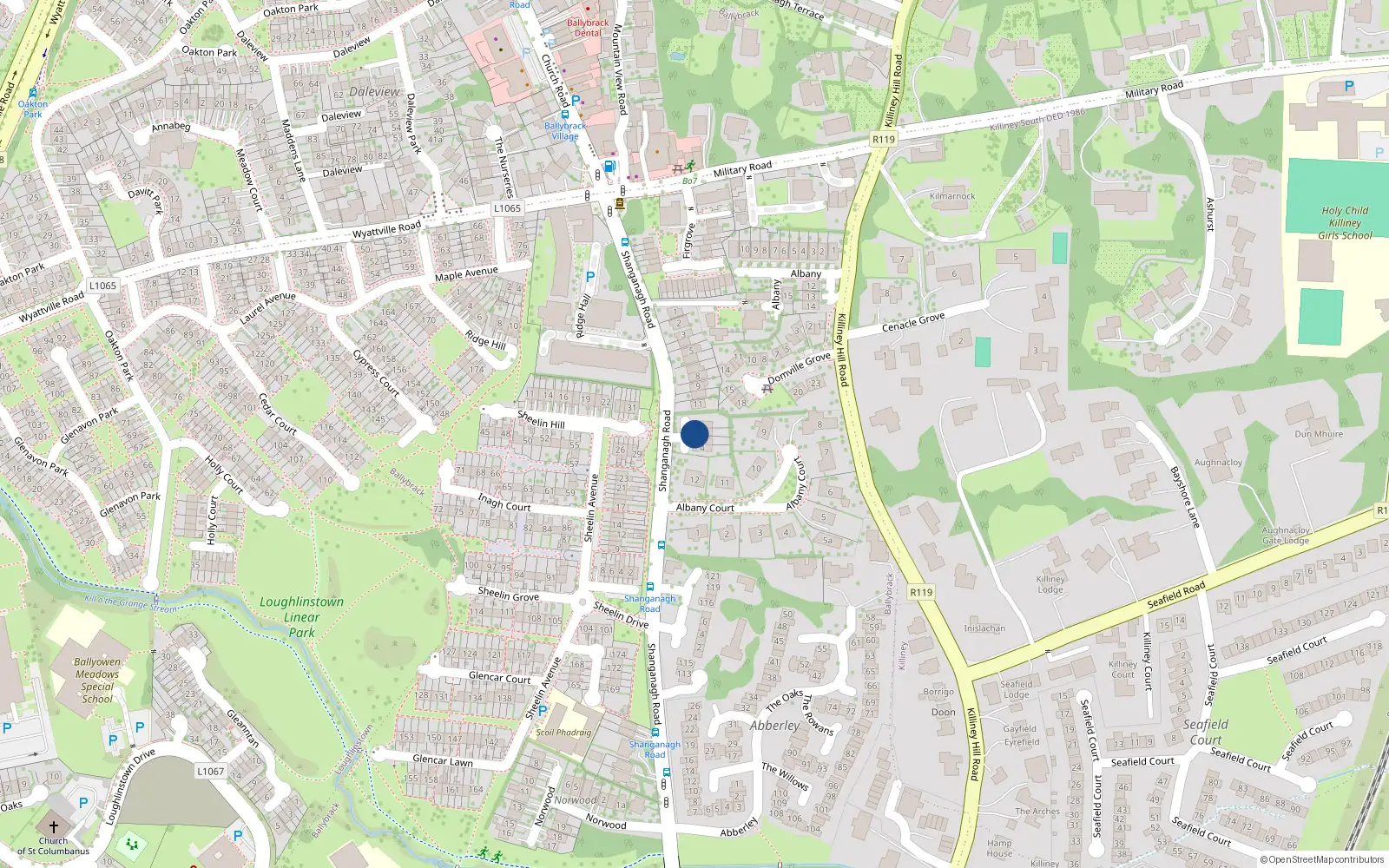 Overhead map showing the location of 13 Albany Court, Killiney