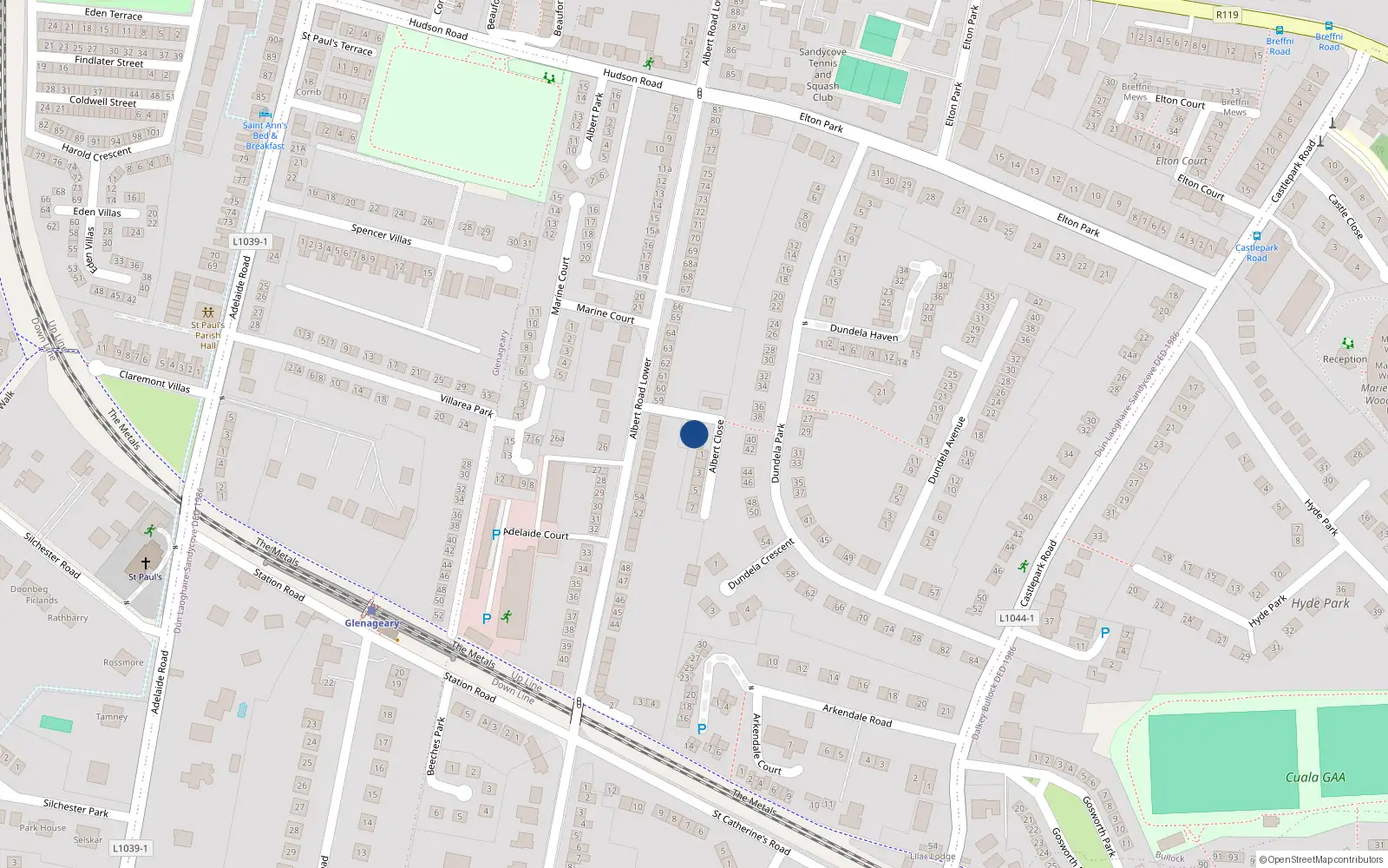 Overhead map showing the location of 2 Albert Close, Dublin