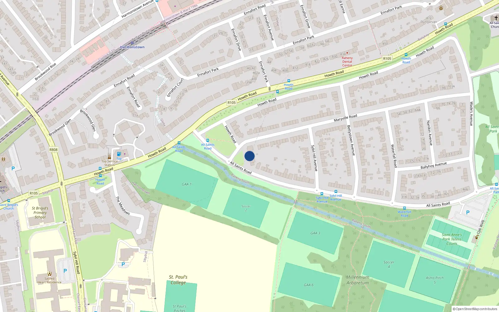 Overhead map showing the location of 2 All Saints Road, Raheny, Dublin 5