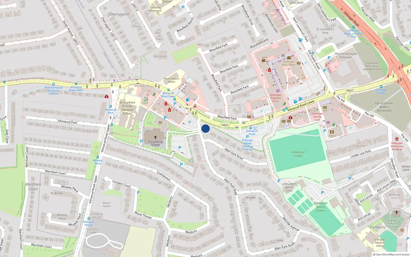 Overhead map showing the location of 2 Allen Park Road, Stillorgan, Dublin