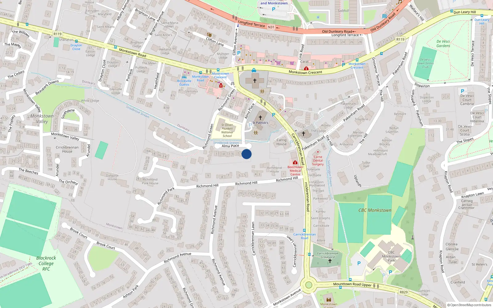 Overhead map showing the location of 2 Alma Park, Monkstown, Dublin