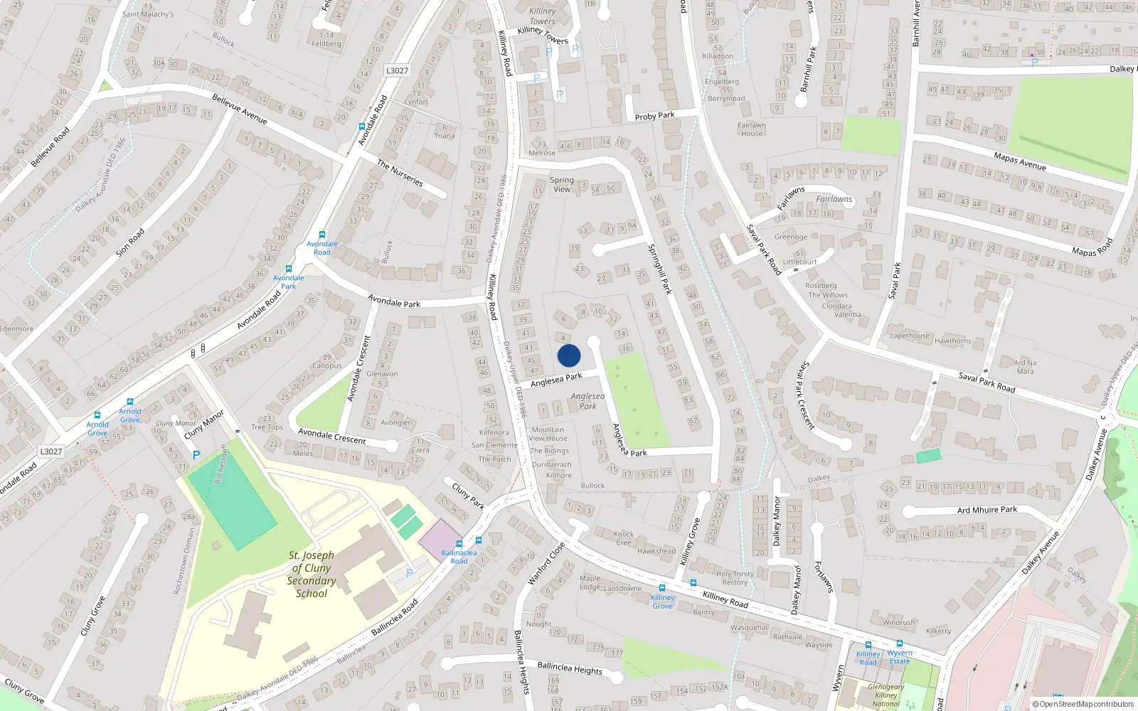 Overhead map showing the location of 2 Anglesea Park, Killiney
