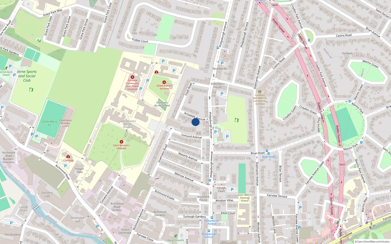 Overhead map showing the location of 2 Annadale Avenue, Fairview, Dublin 3
