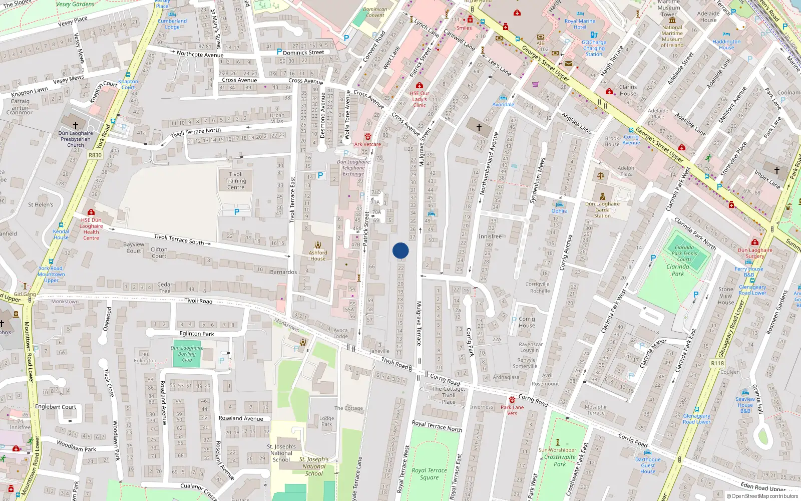 Overhead map showing the location of 2 Annamount, Mulgrave St, Dun Laoghaire