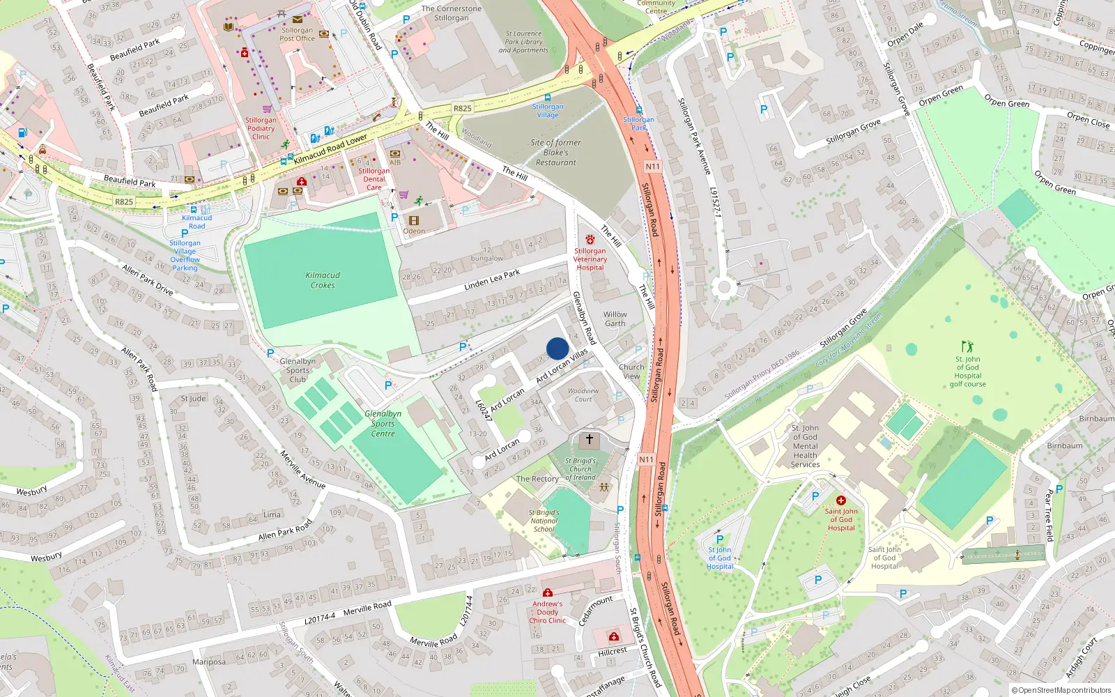 Overhead map showing the location of 2 Árd Lorcain, Dublin
