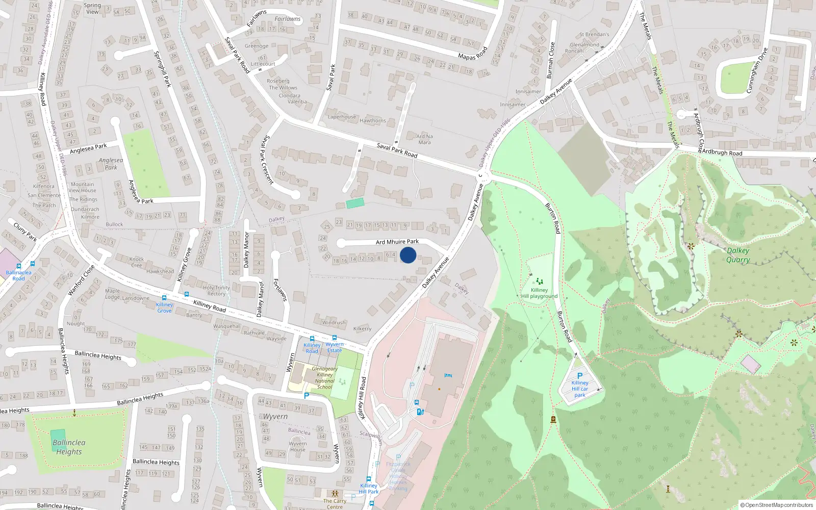 Overhead map showing the location of 2 Ard Mhuire Park, Dalkey, Dublin