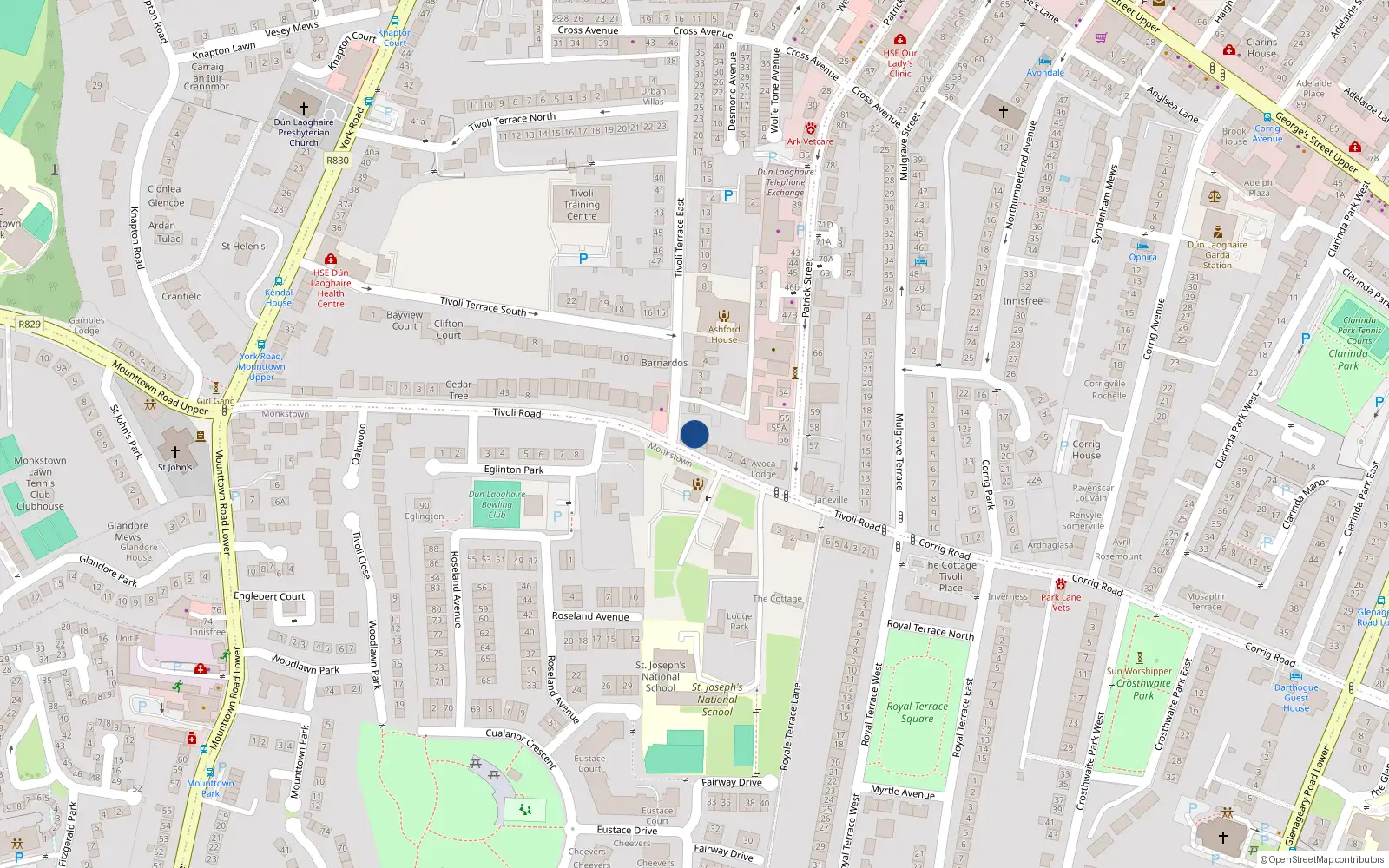Overhead map showing the location of 2 Ard na Greine, Tivoli Road, Dun Laoghaire