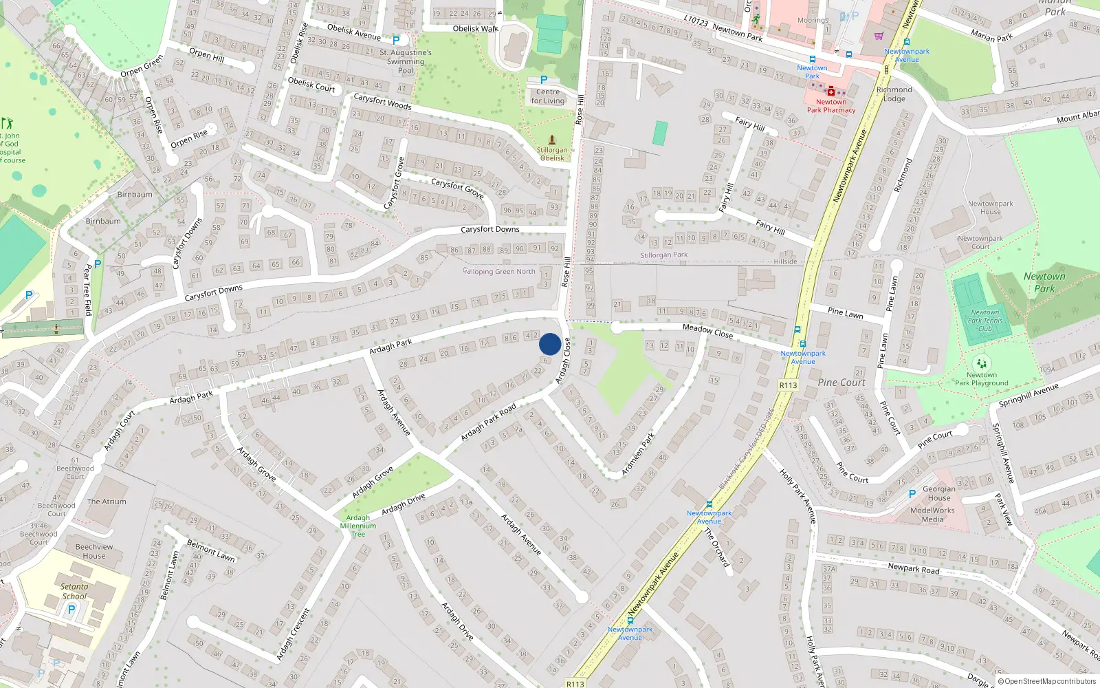 Overhead map showing the location of 2 Ardagh Close, Blackrock, Dublin