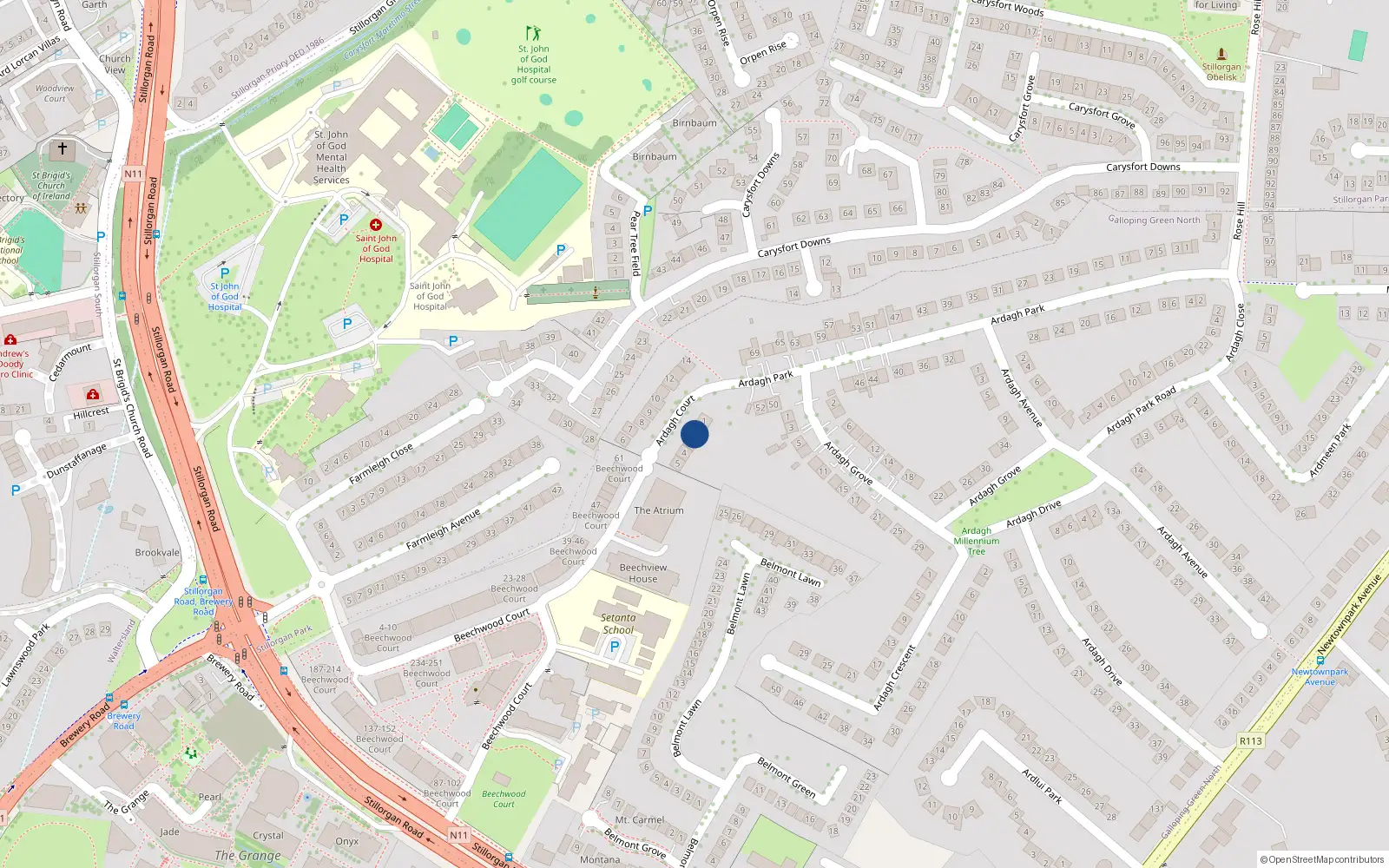 Overhead map showing the location of 2 Ardagh Court, Blackrock, Dublin