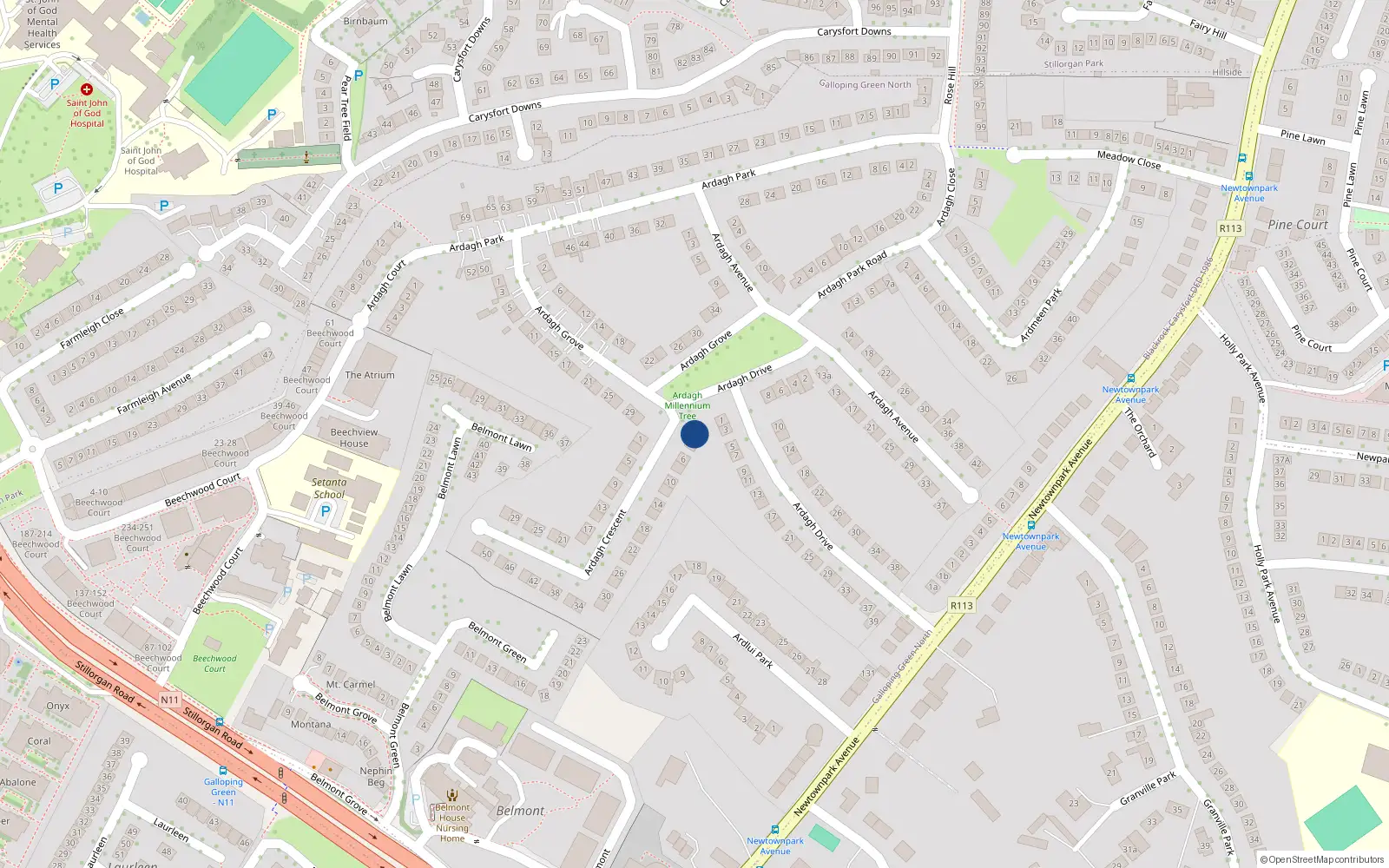 Overhead map showing the location of 2 Ardagh Crescent, Blackrock, Dublin