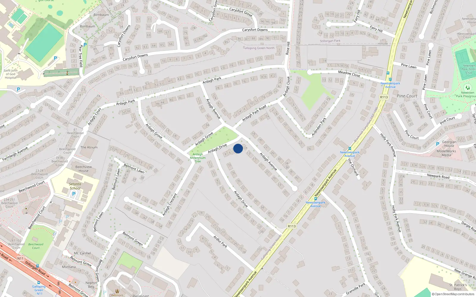 Overhead map showing the location of 2 Ardagh Drive, Blackrock, County Dublin