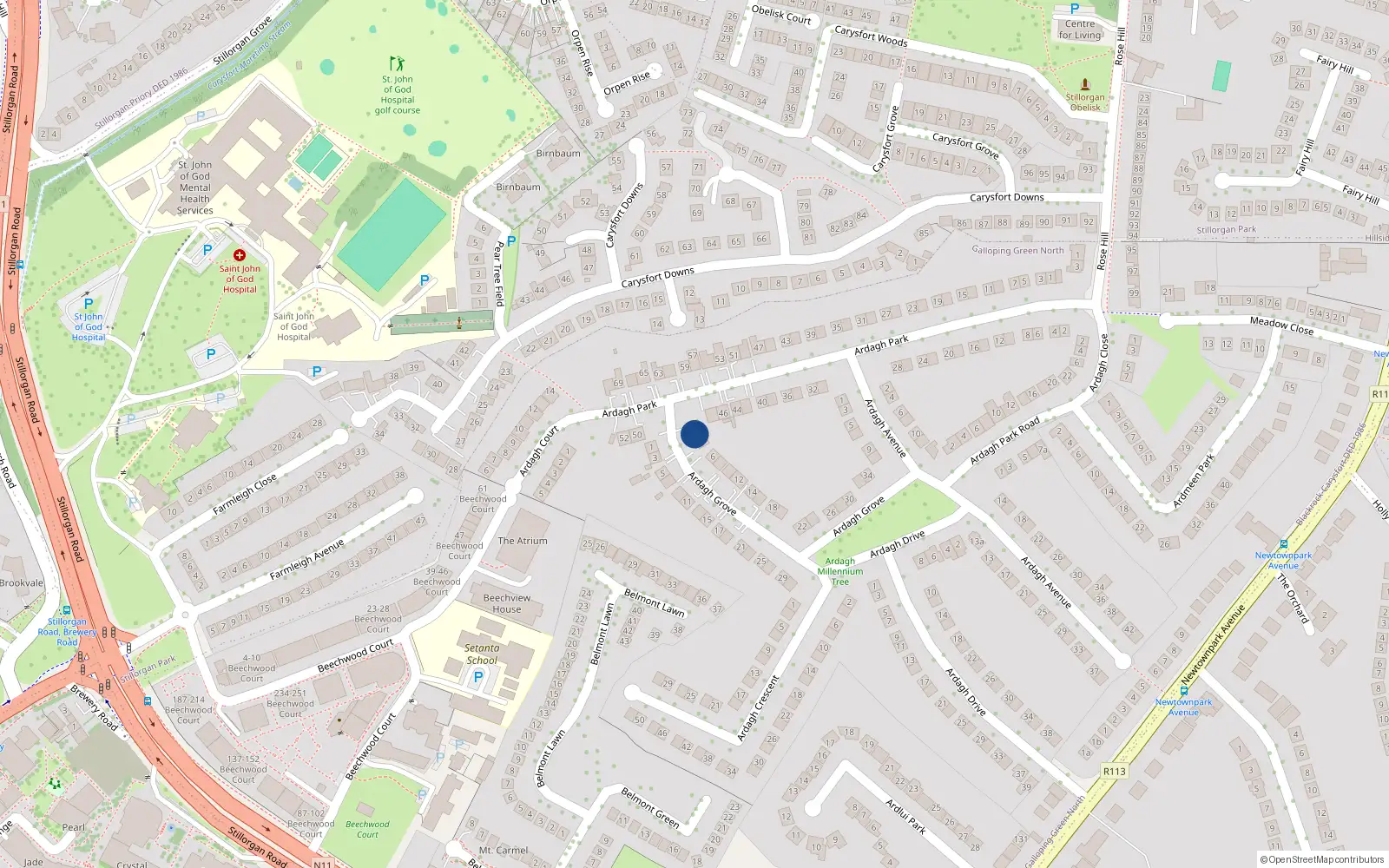 Overhead map showing the location of 2 Ardagh Grove, Blackrock, Dublin