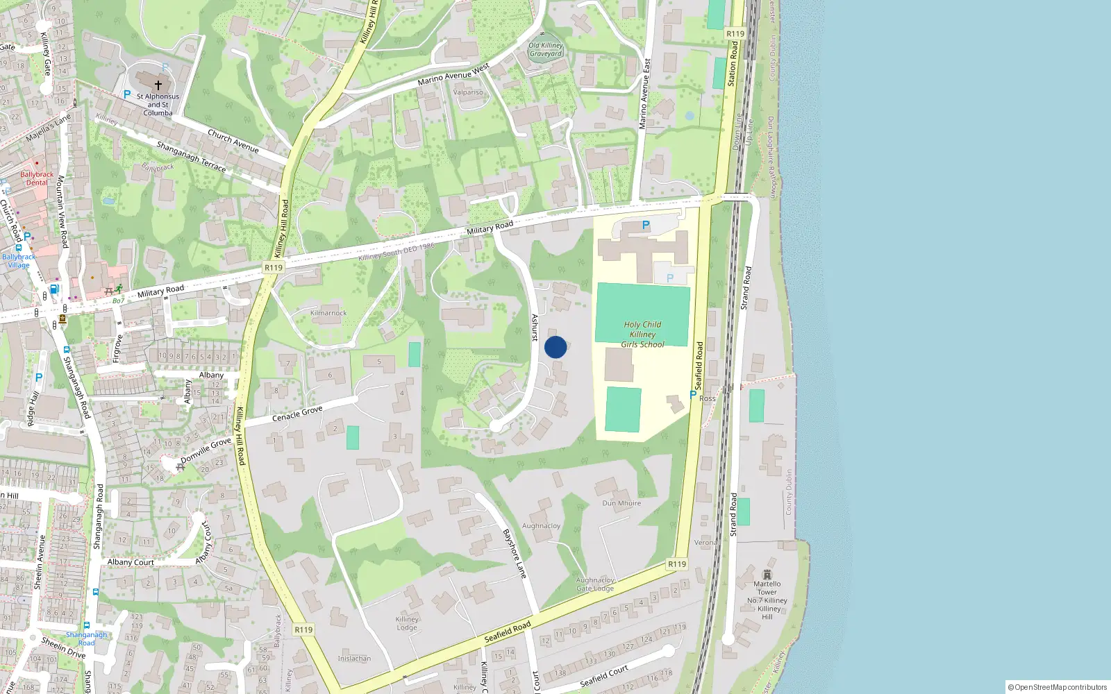 Overhead map showing the location of 2 Ash Hurst, Military Road, Killiney