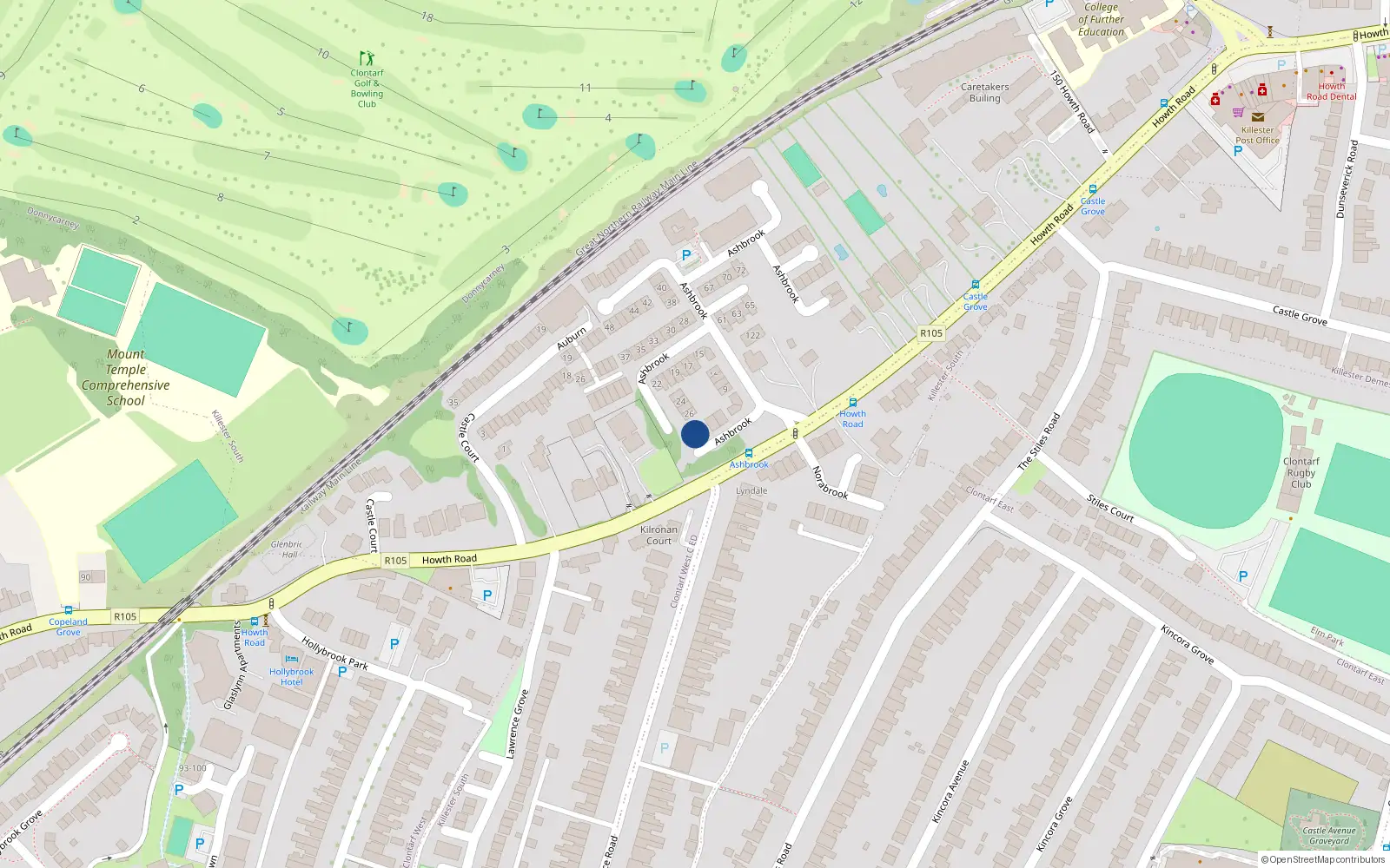 Overhead map showing the location of 2 Ashbrook, Howth Road, Clontarf Dublin 3