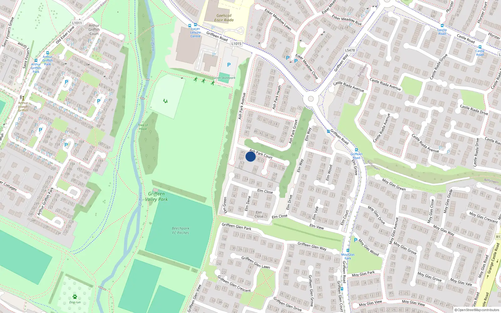Overhead map showing the location of 2 Ash Park Court, Lucan