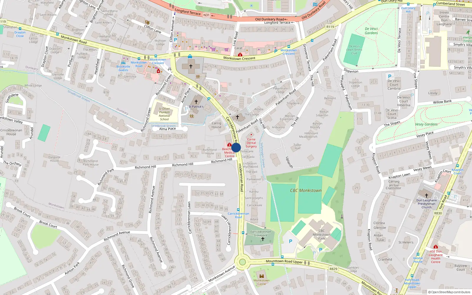 Overhead map showing the location of 2 Auburn Villas, Carrickbrennan Road, Monkstown