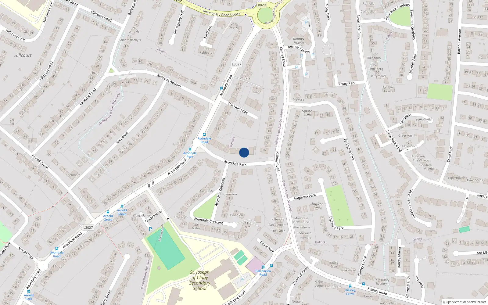 Overhead map showing the location of 2 Avondale Park, Killiney, Dublin