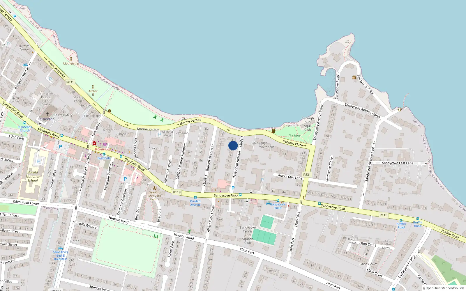 Overhead map showing the location of 2 Ballygihen Avenue, Sandycove, Dublin