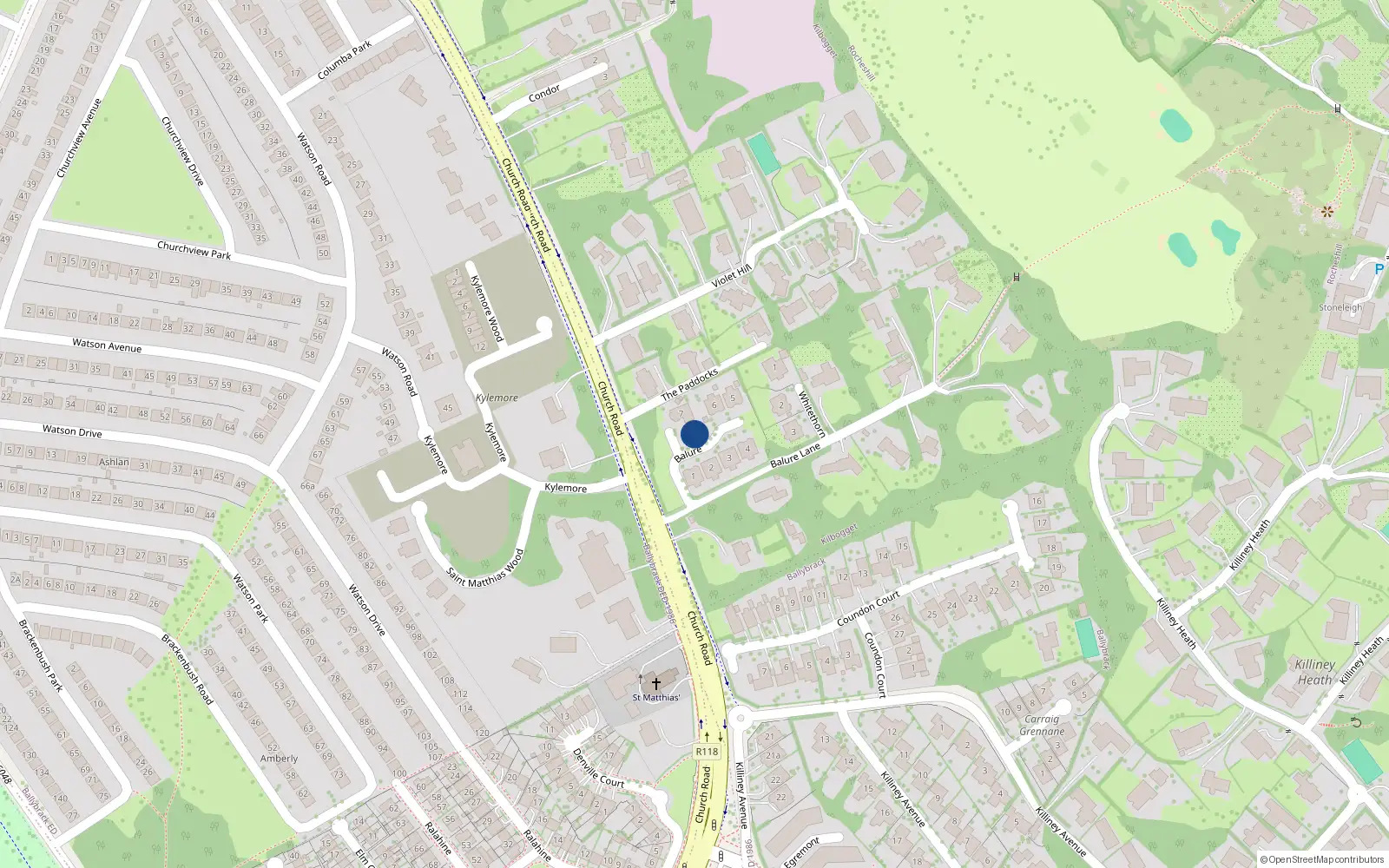 Overhead map showing the location of 7 Balure Lane, Killiney