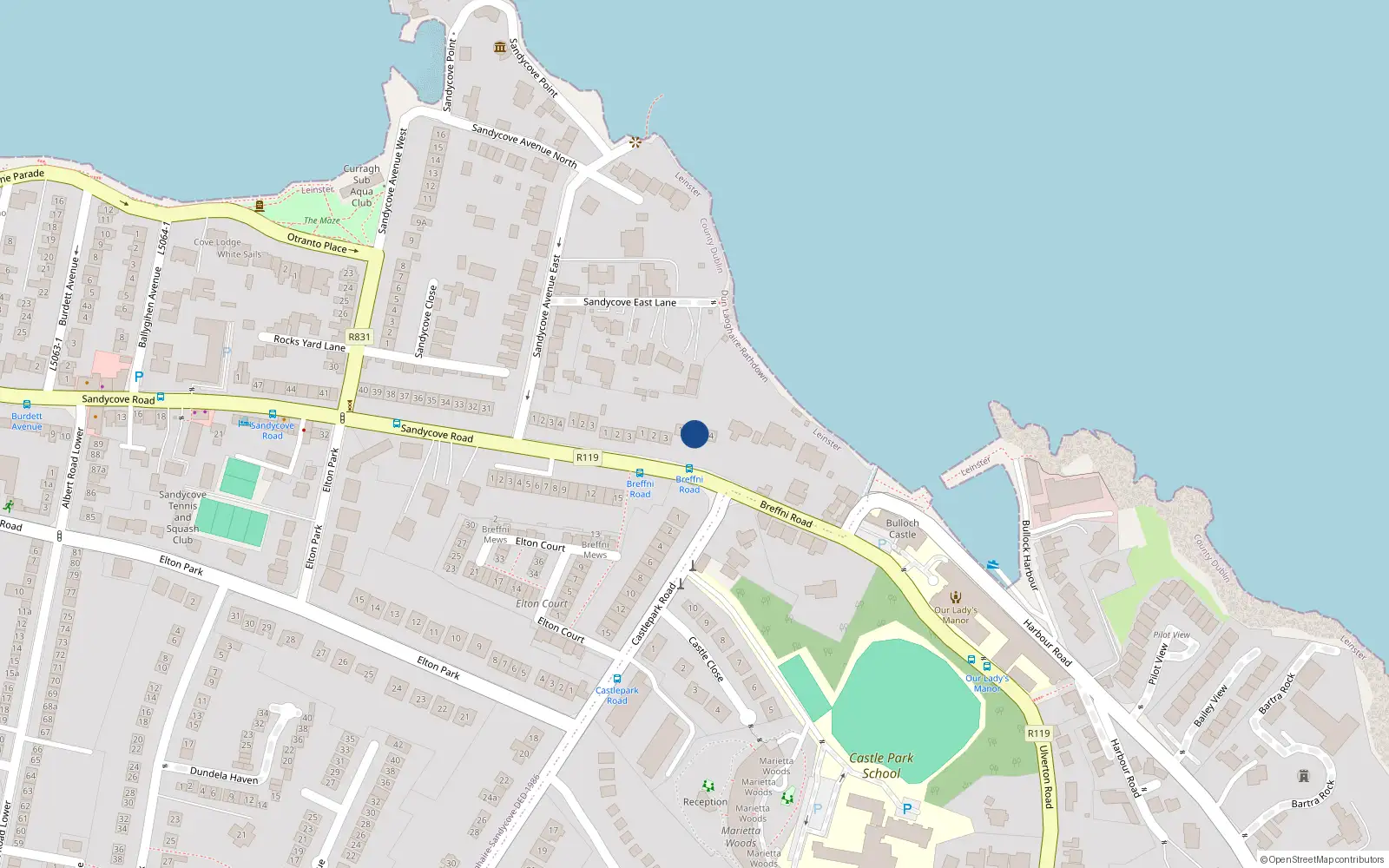 Overhead map showing the location of 2 Bayswater Terrace, Breffni Road, Sandycove