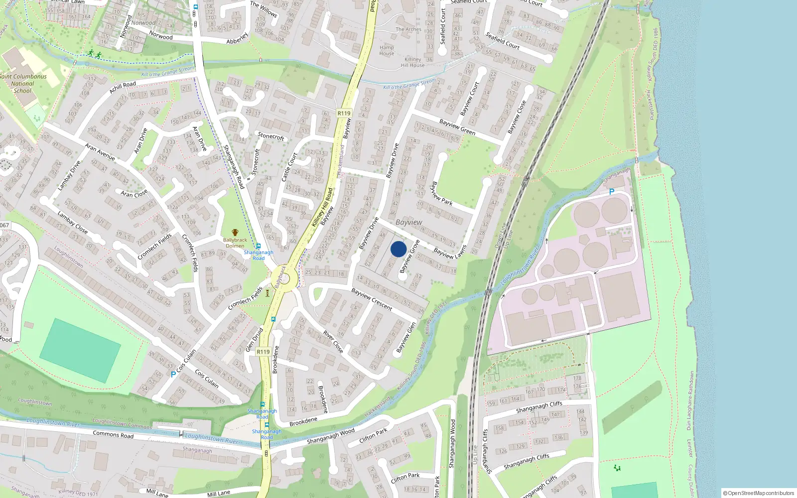 Overhead map showing the location of 2 Bayview Grove, Killiney