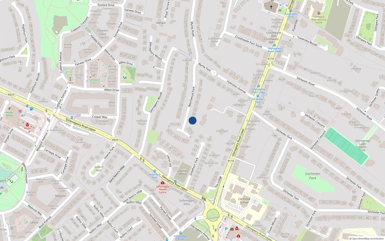 Overhead map showing the location of 2 Beechwood Park, Dublin