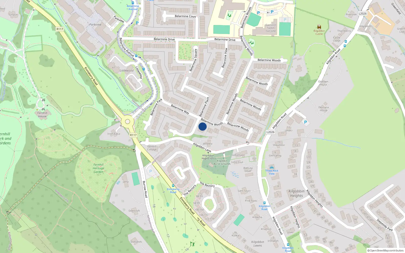 Overhead map showing the location of 2 Belarmine Place, Stepaside