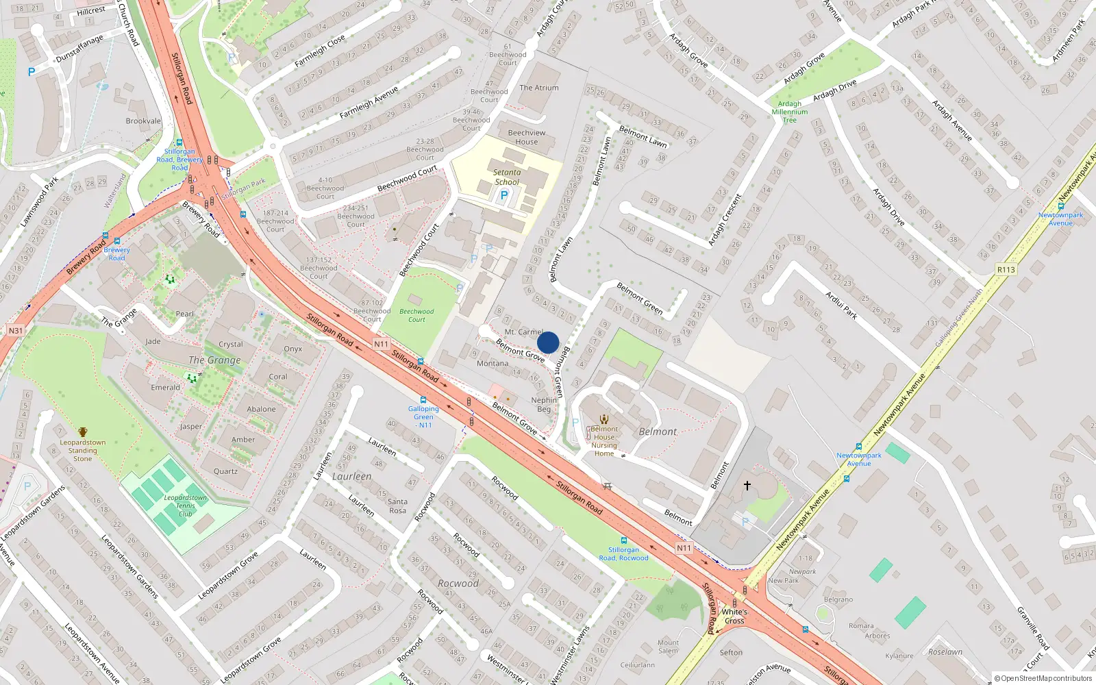 Overhead map showing the location of 2 Belmont Grove, Galloping Green, Stillorgan