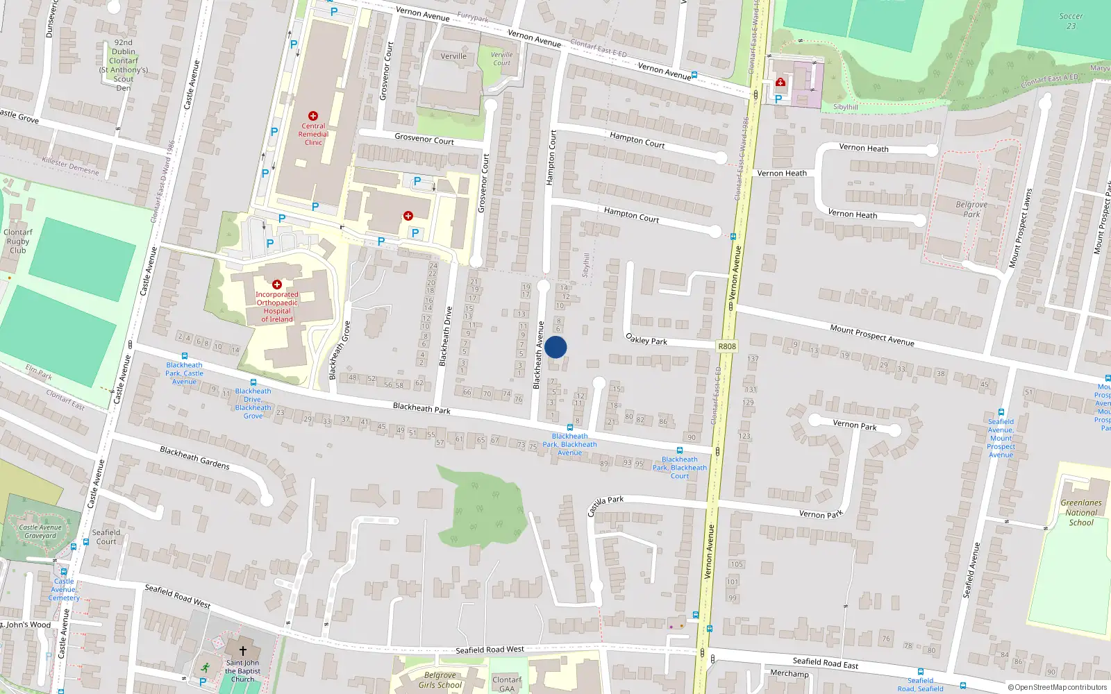Overhead map showing the location of 2 Blackheath Avenue, Clontarf, Dublin 3