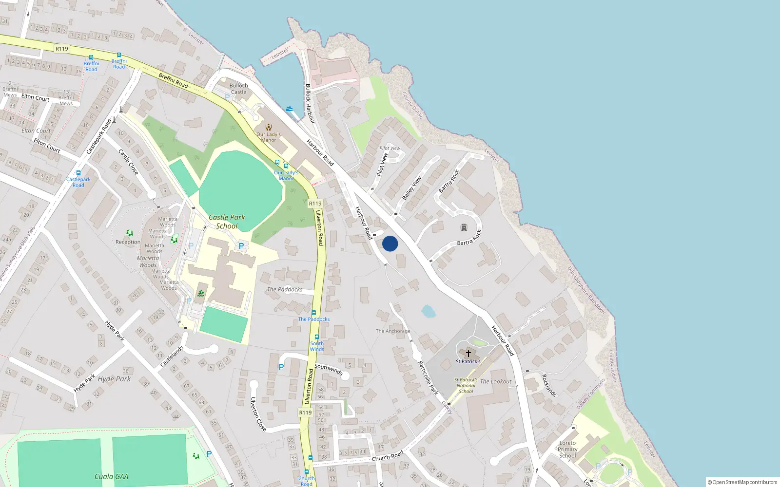 Overhead map showing the location of 2 Bloyke, Bullock Harbour, Dalkey