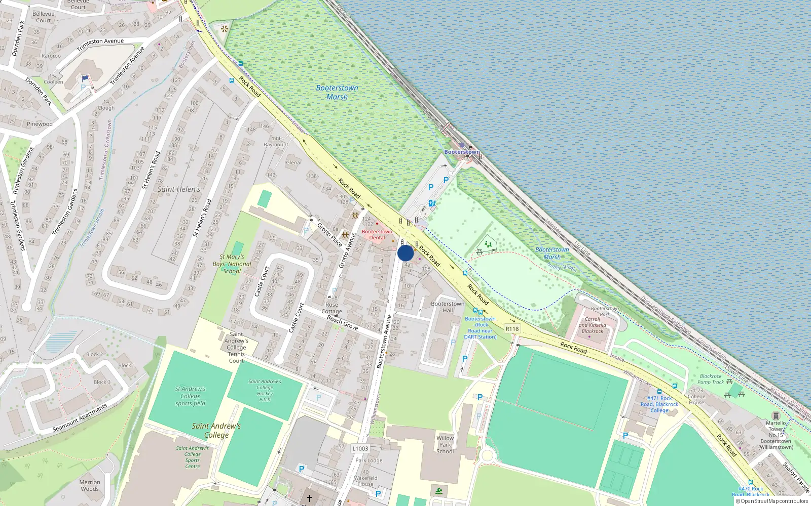 Overhead map showing the location of 2 Booterstown Avenue, Blackrock, Dublin