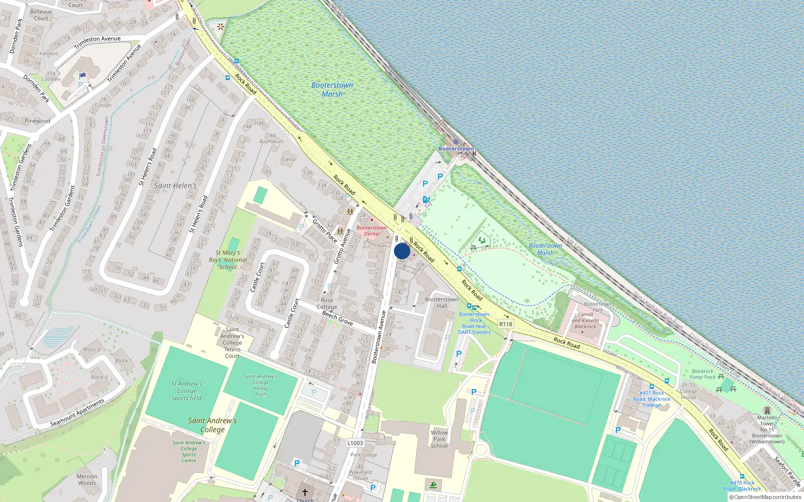 Overhead map showing the location of 2 Booterstown Avenue, Booterstown