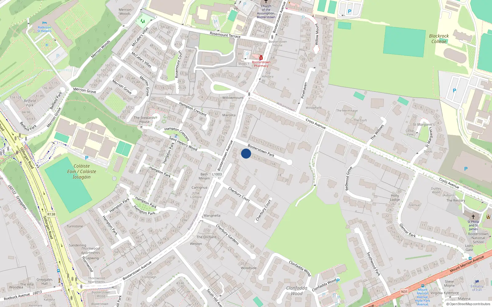 Overhead map showing the location of 2 Booterstown Park, Blackrock, Dublin