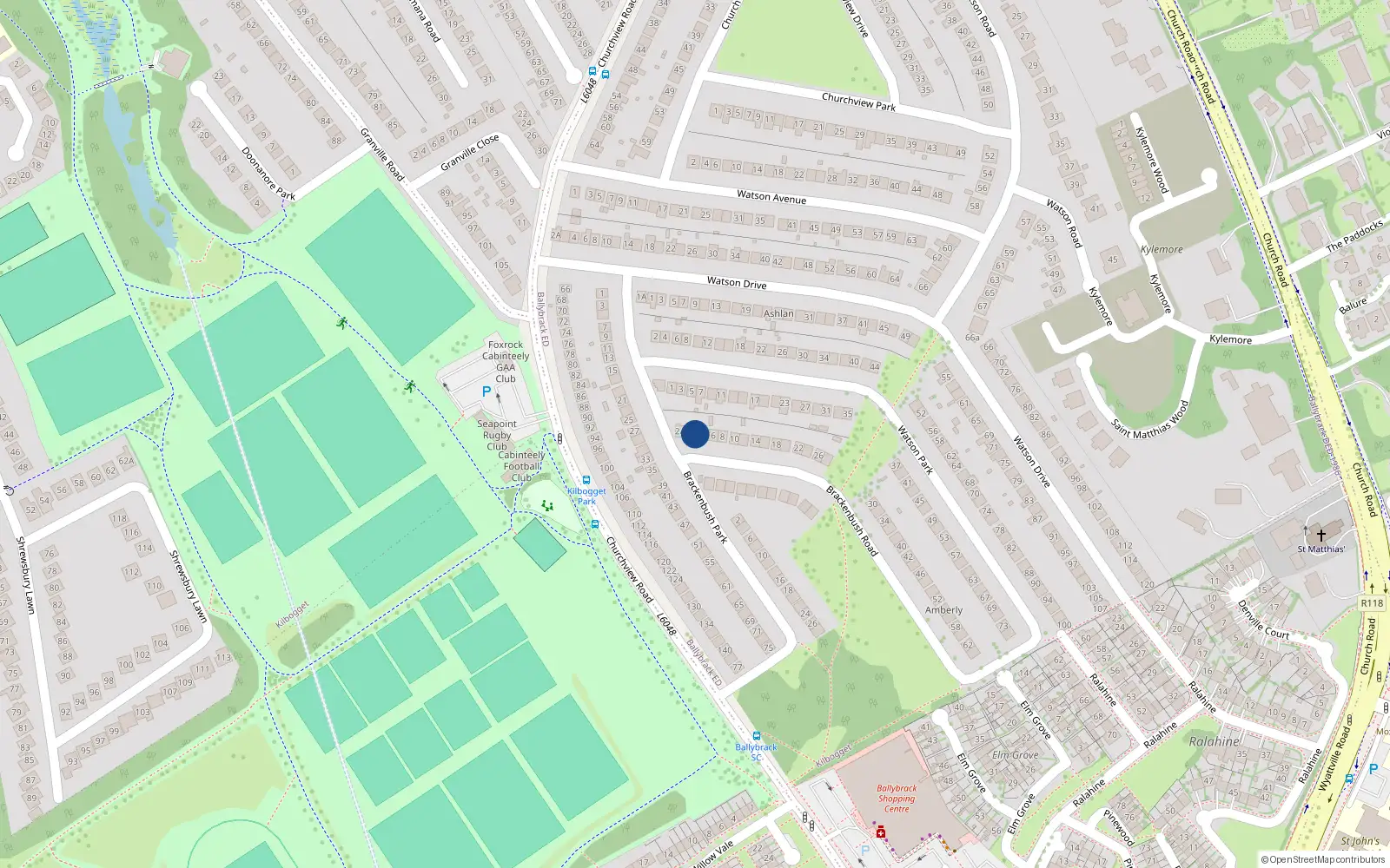 Overhead map showing the location of 2 Brackenbush Road, Killiney