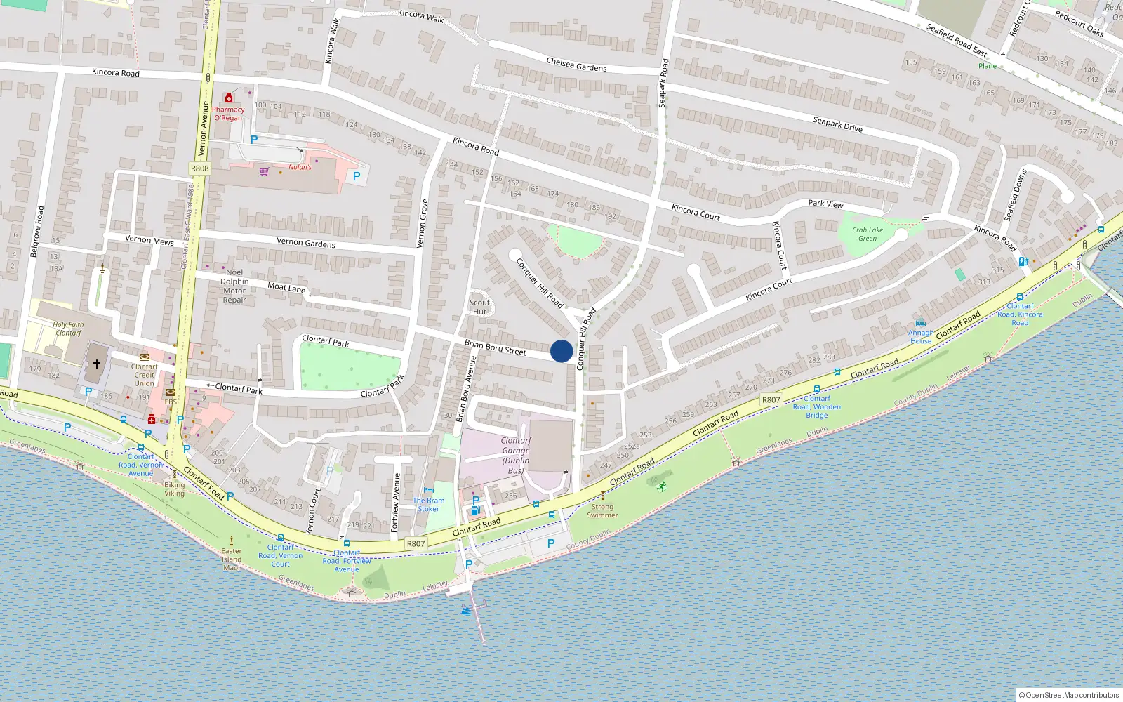 Overhead map showing the location of 2 Brian Boru St, Clontarf, Dublin 3