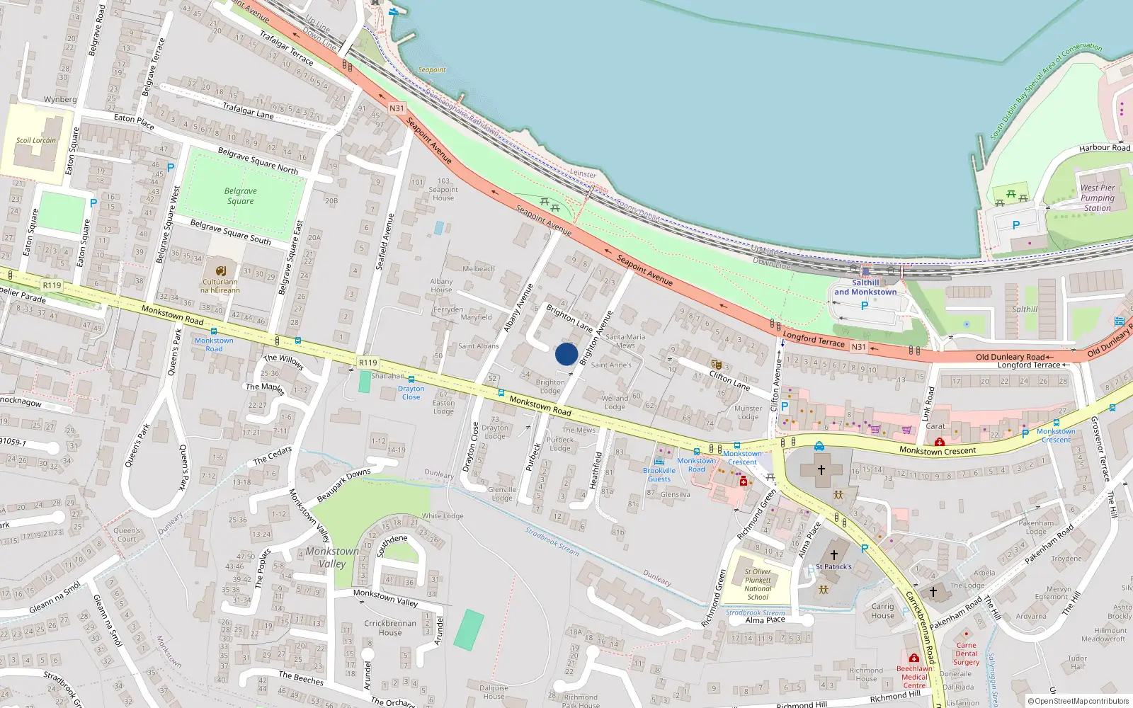 Overhead map showing the location of 2 Brighton Avenue, Blackrock