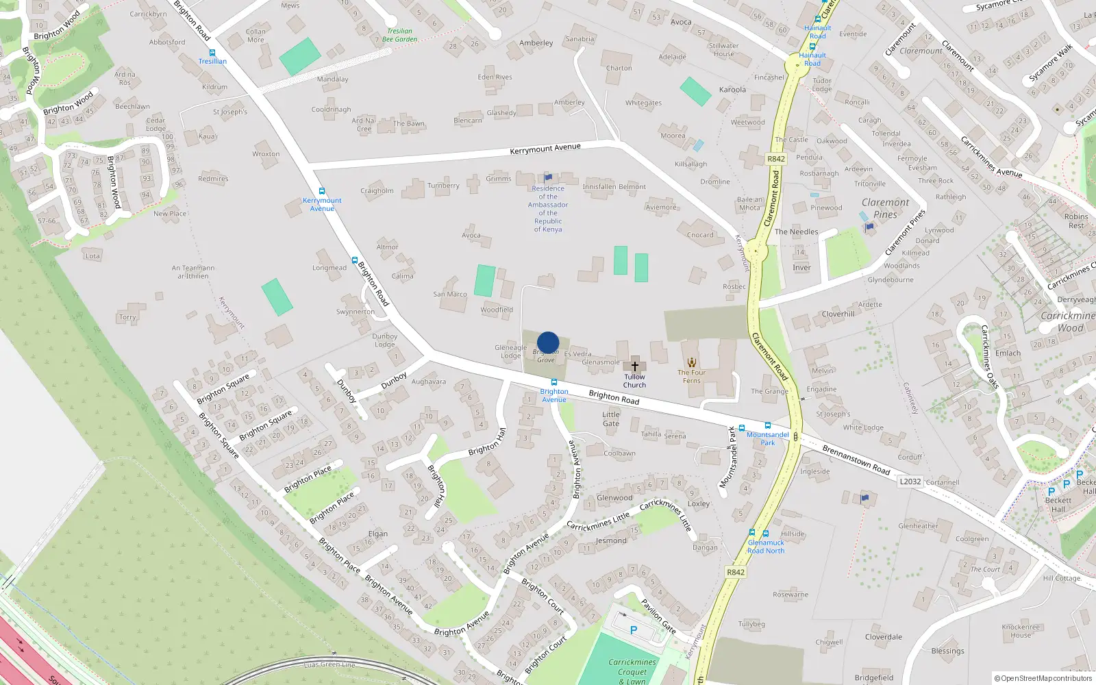 Overhead map showing the location of 2 Brighton Road, Foxrock