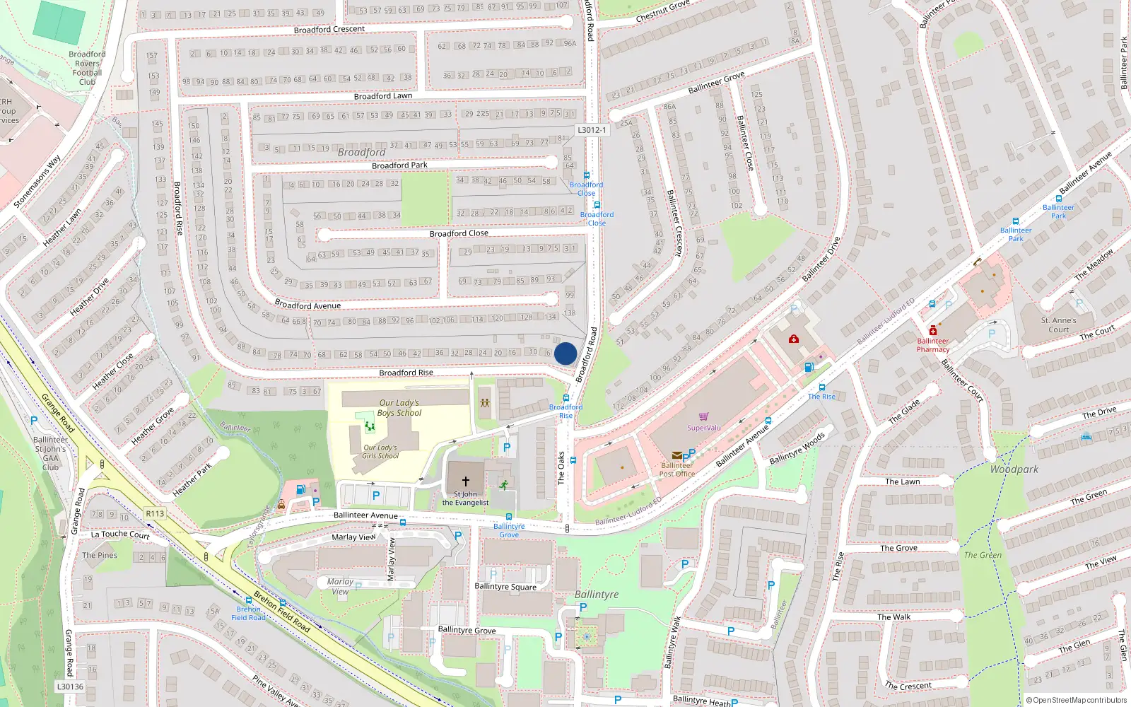 Overhead map showing the location of 2 Broadford Rise, Dublin 16