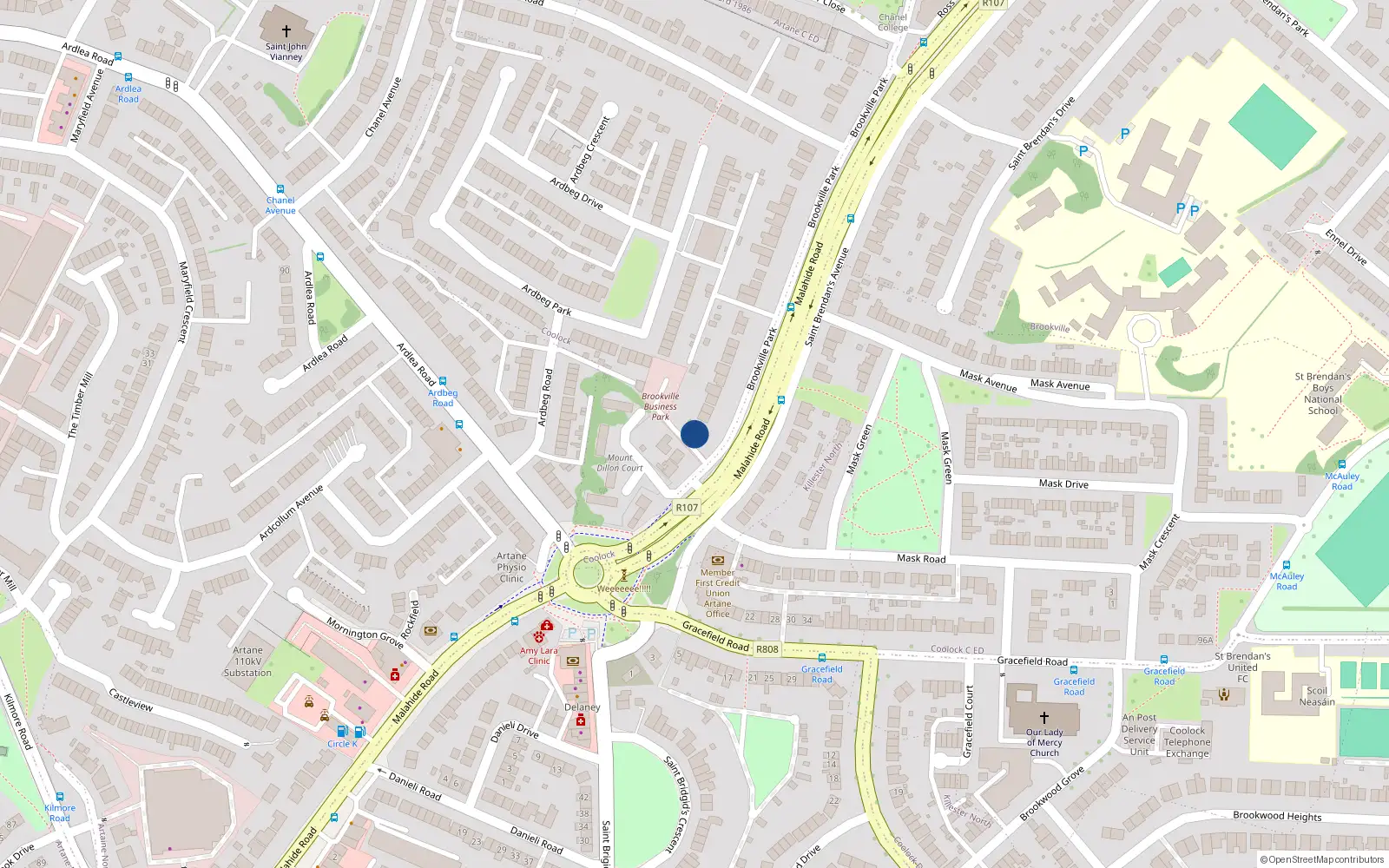 Overhead map showing the location of 2 Páirc Bhaile an tSrutháin, Dublin 5