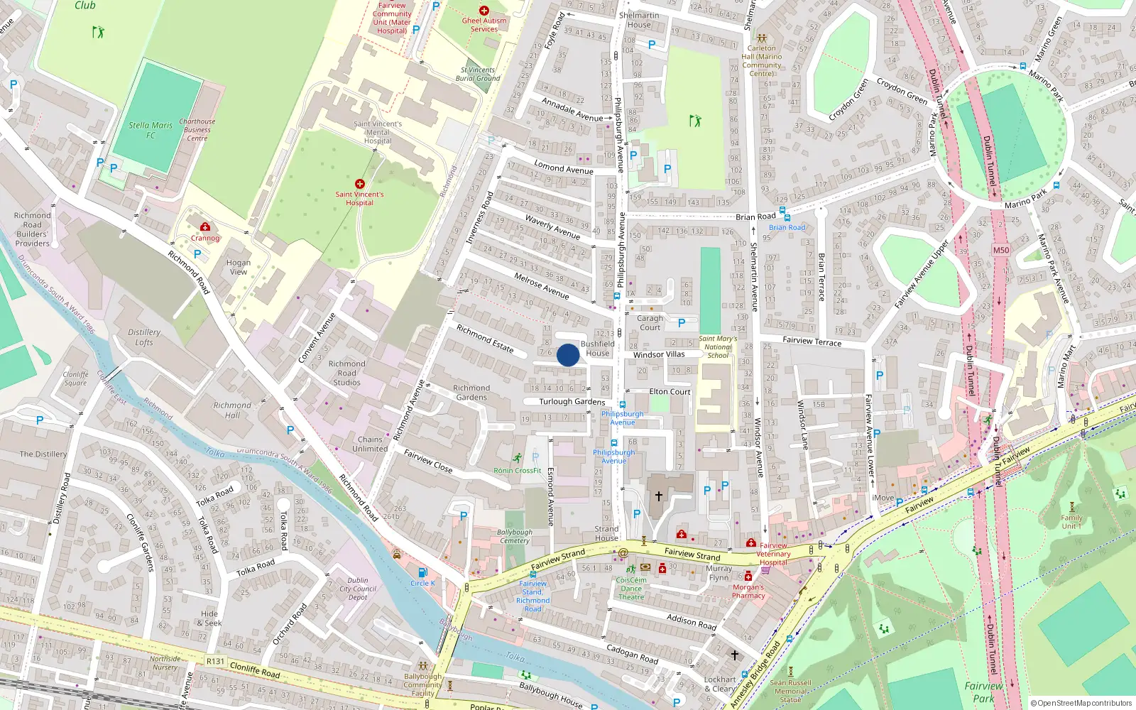 Overhead map showing the location of 2 Bushfield Square, Fairview, Dublin 3