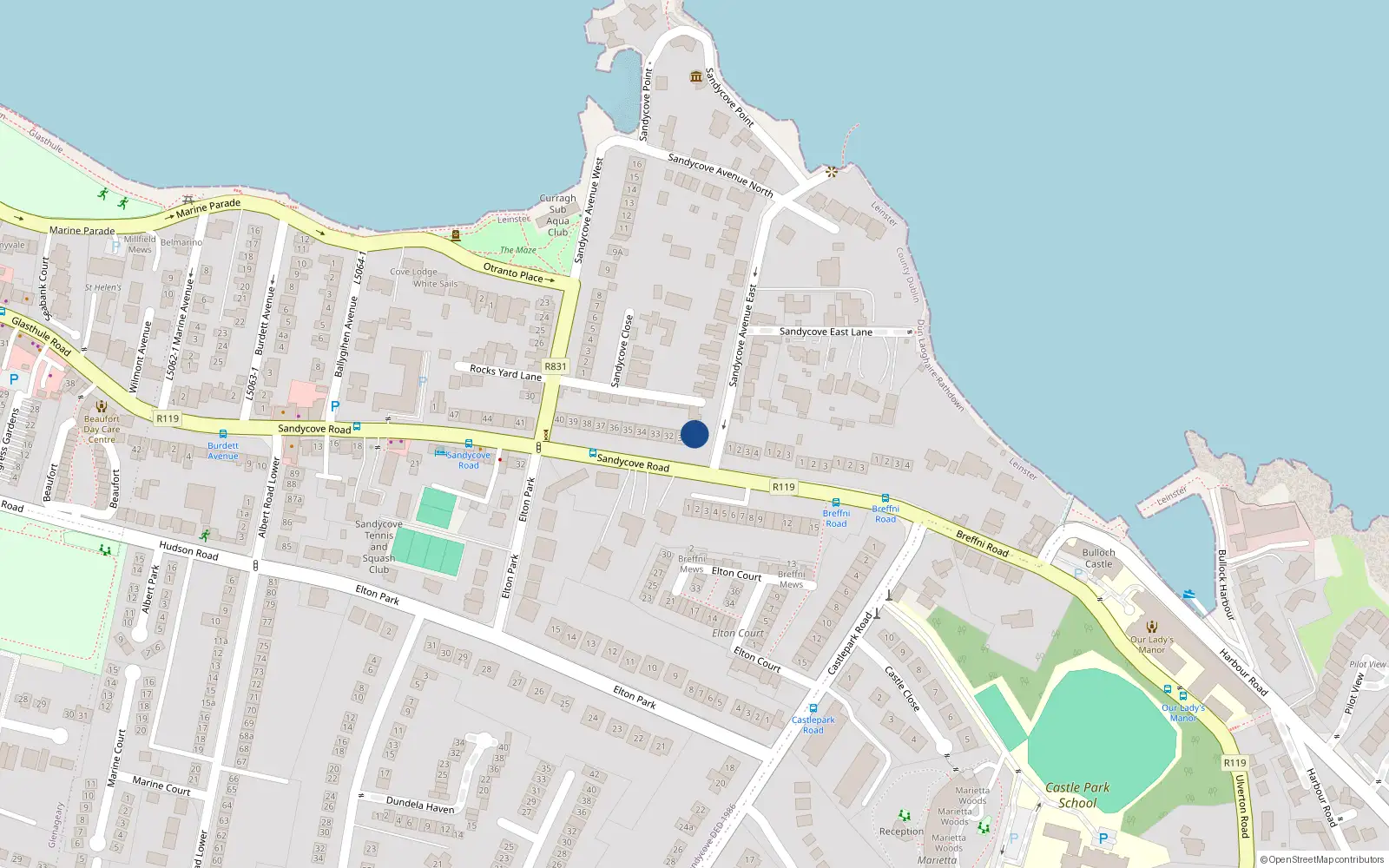 Overhead map showing the location of 2 Cambridge Close, Sandycove Avenue East, Sandycove