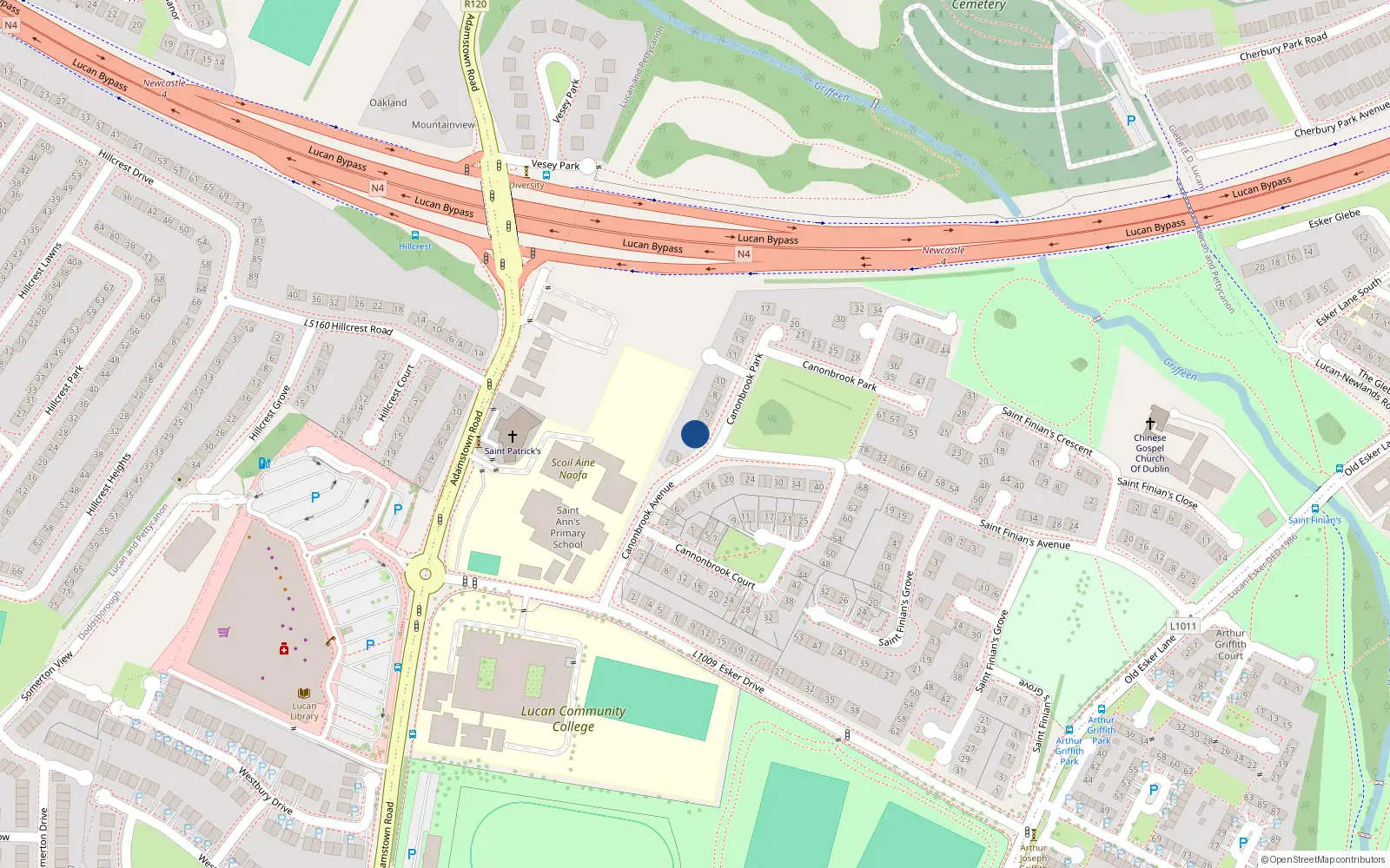 Overhead map showing the location of 2 Cannonbrook Court, Lucan, Dublin