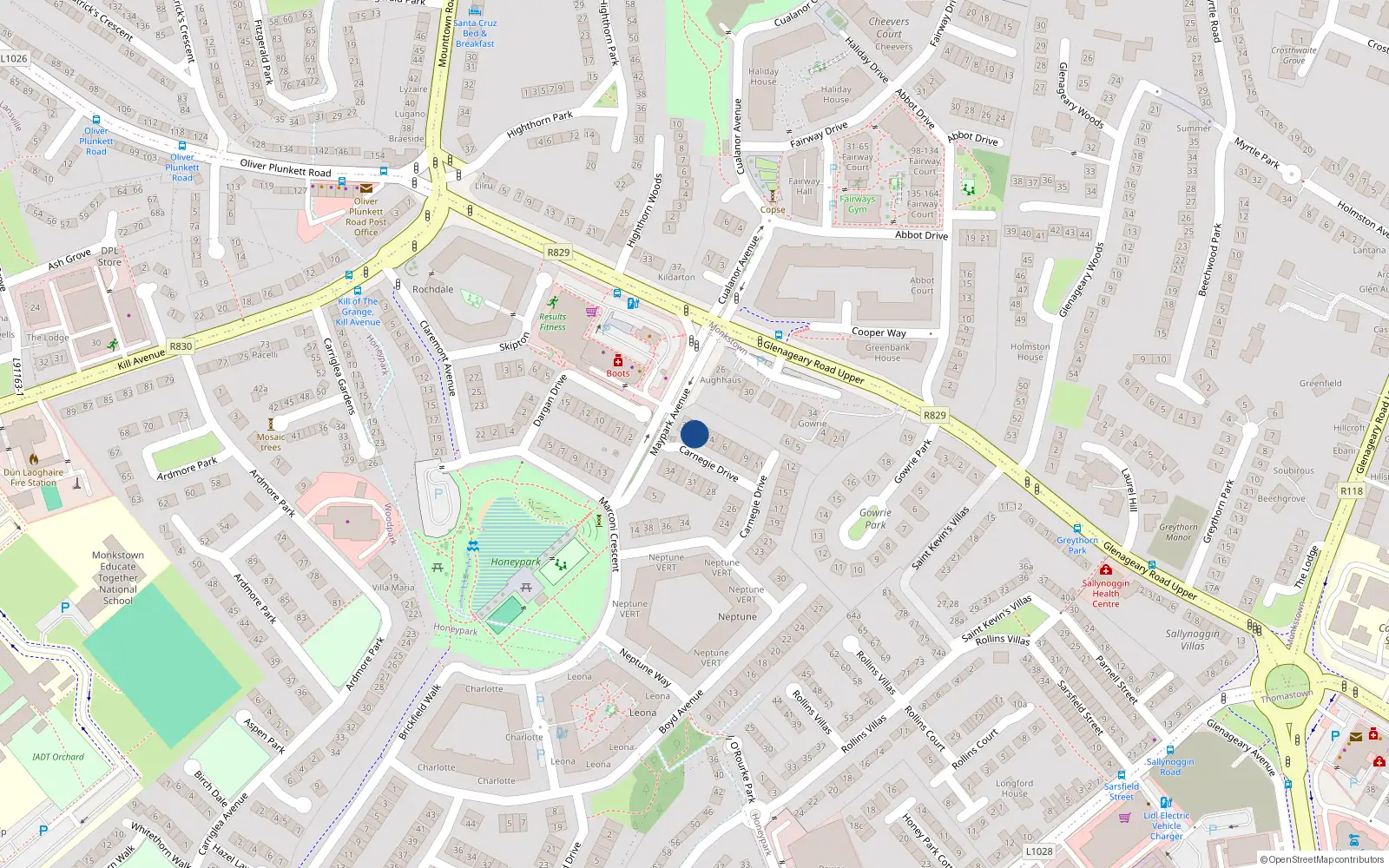 Overhead map showing the location of 2 Carnegie Drive, Honeypark, Dun Laoghaire