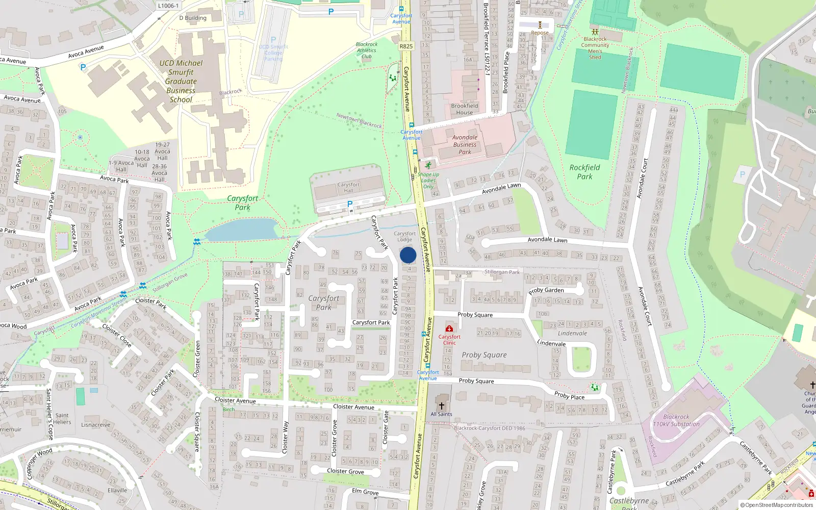 Overhead map showing the location of 2 Carysfort Park, Blackrock