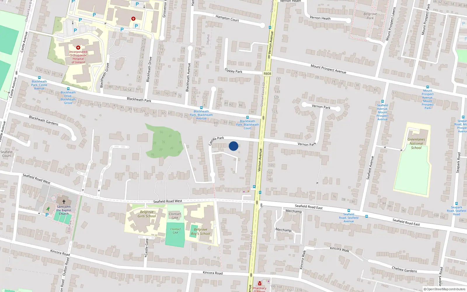 Overhead map showing the location of 2 Castilla Park, Clontarf, Dublin 3