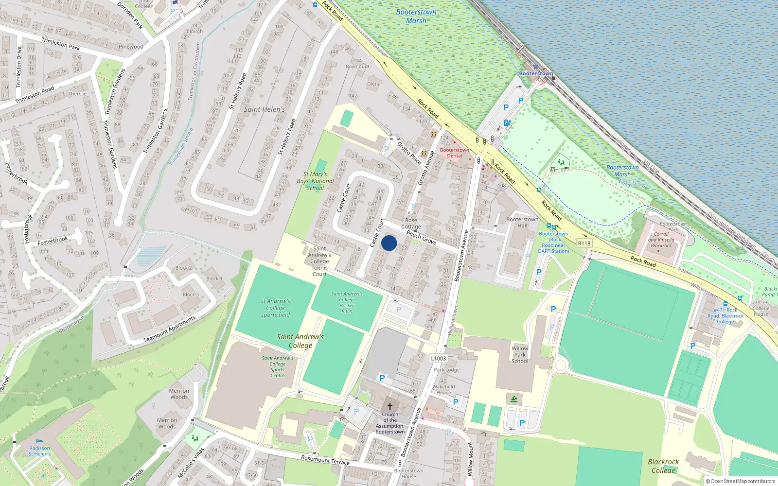 Overhead map showing the location of 2 Castle Court, Booterstown