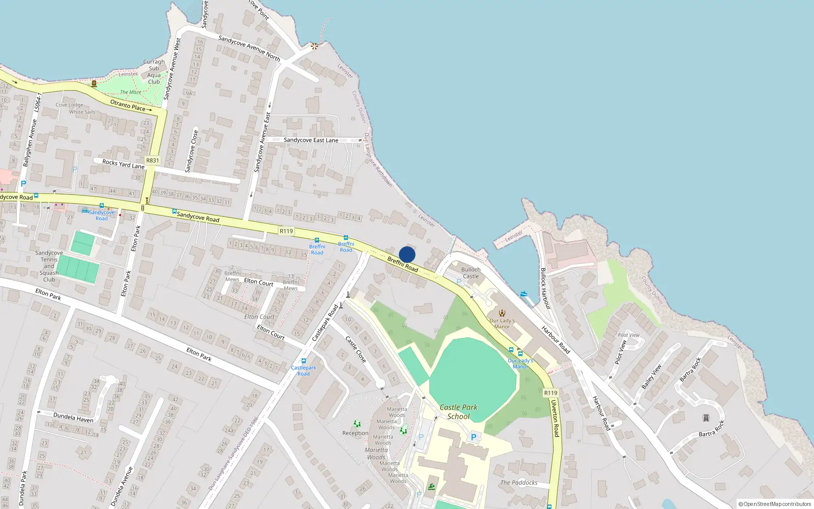 Overhead map showing the location of 2 Castle Place, Breffni Road, Sandycove