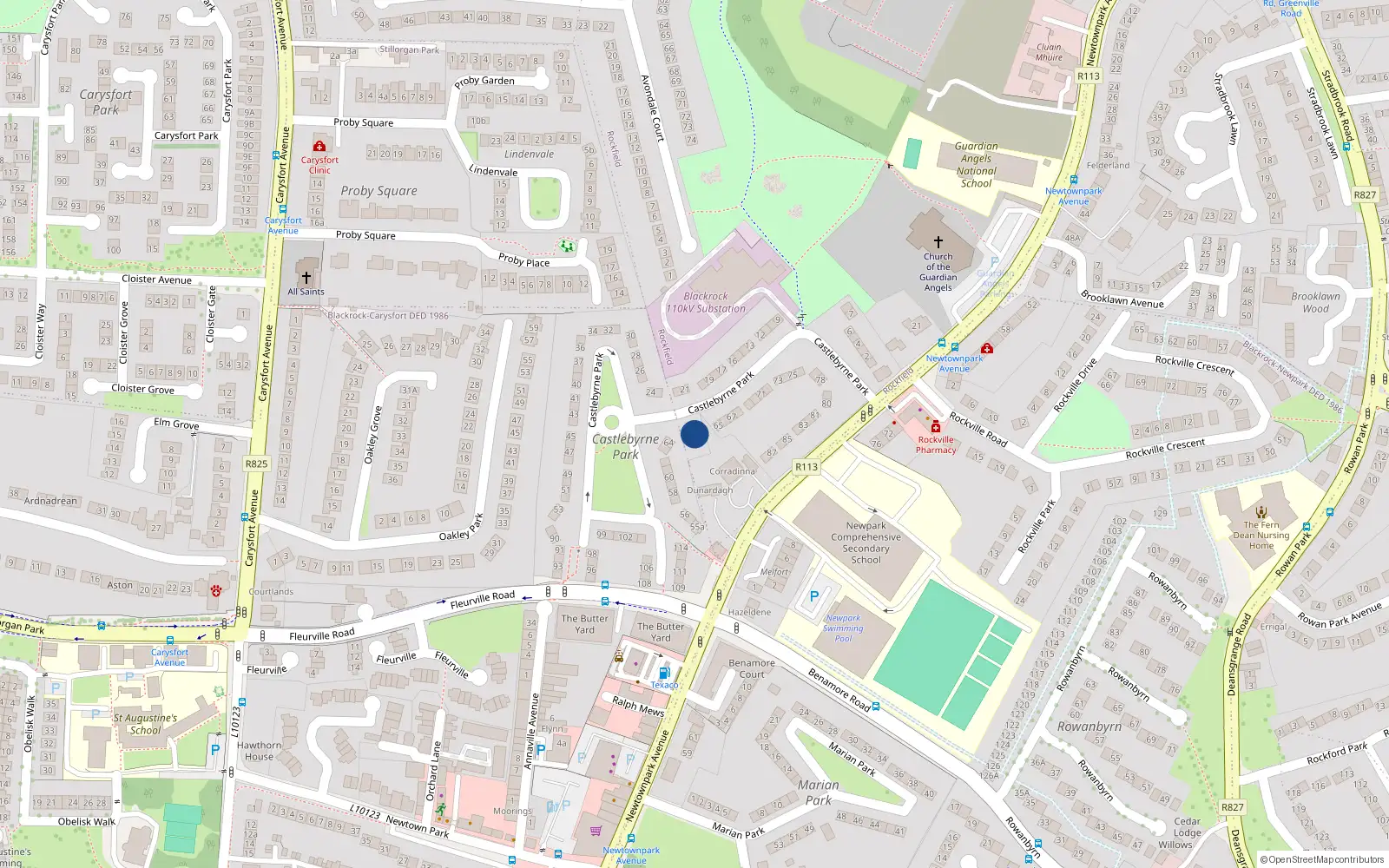 Overhead map showing the location of 2 Castlebyrne View, Castlebyrne Park, Blackrock